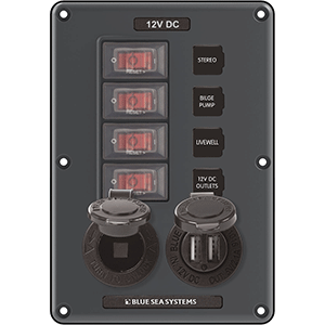 BLUE SEA 4321 CIRCUIT BREAKER SWITCH PANEL 4 POSITION - GRAY W/12V SOCKET & DUAL USB