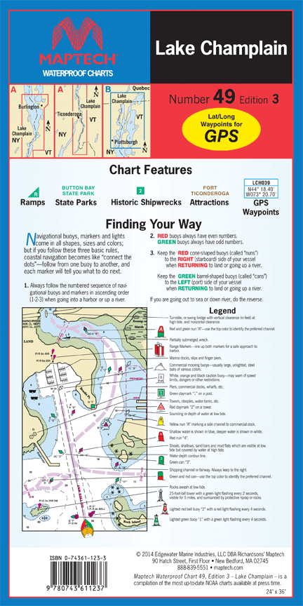 MAPTECH WPC049-03 Waterproof Folded Charts LAKE CHAMPLAIN 3RD EDITION